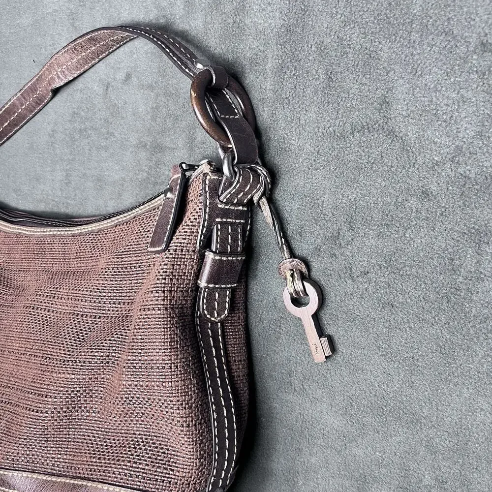 FOSSIL Woven Brown Textile / Leather Curved Hobo Shoulder Bag